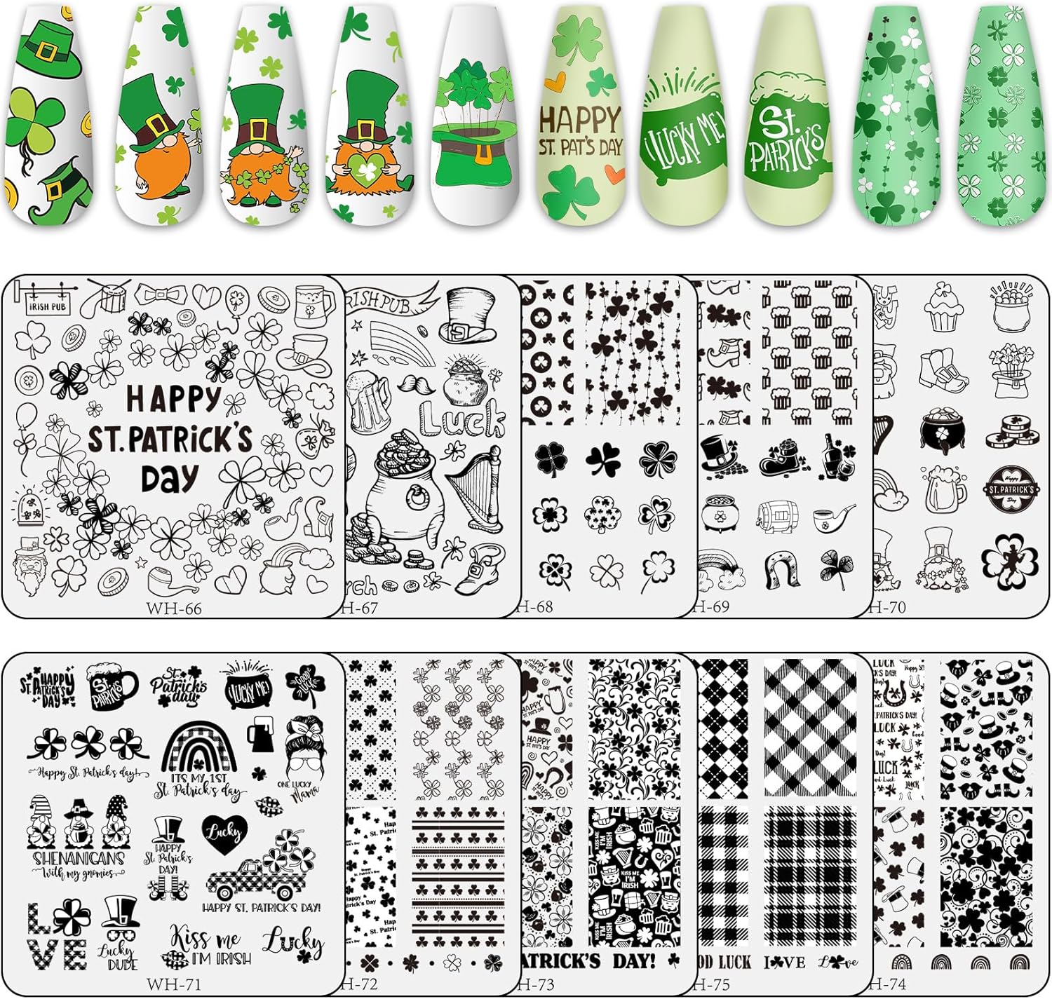 Whaline 10Pcs St. Patrick's Day Nail Art Stamping Plates Kit Shamrock Gnome Image Stamp Templates Irish Nail Art Plates for Holiday DIY Print Manicure Salon Design Gift-Velvo Beauty