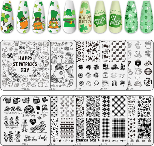 Whaline 10Pcs St. Patrick's Day Nail Art Stamping Plates Kit Shamrock Gnome Image Stamp Templates Irish Nail Art Plates for Holiday DIY Print Manicure Salon Design Gift-Velvo Beauty