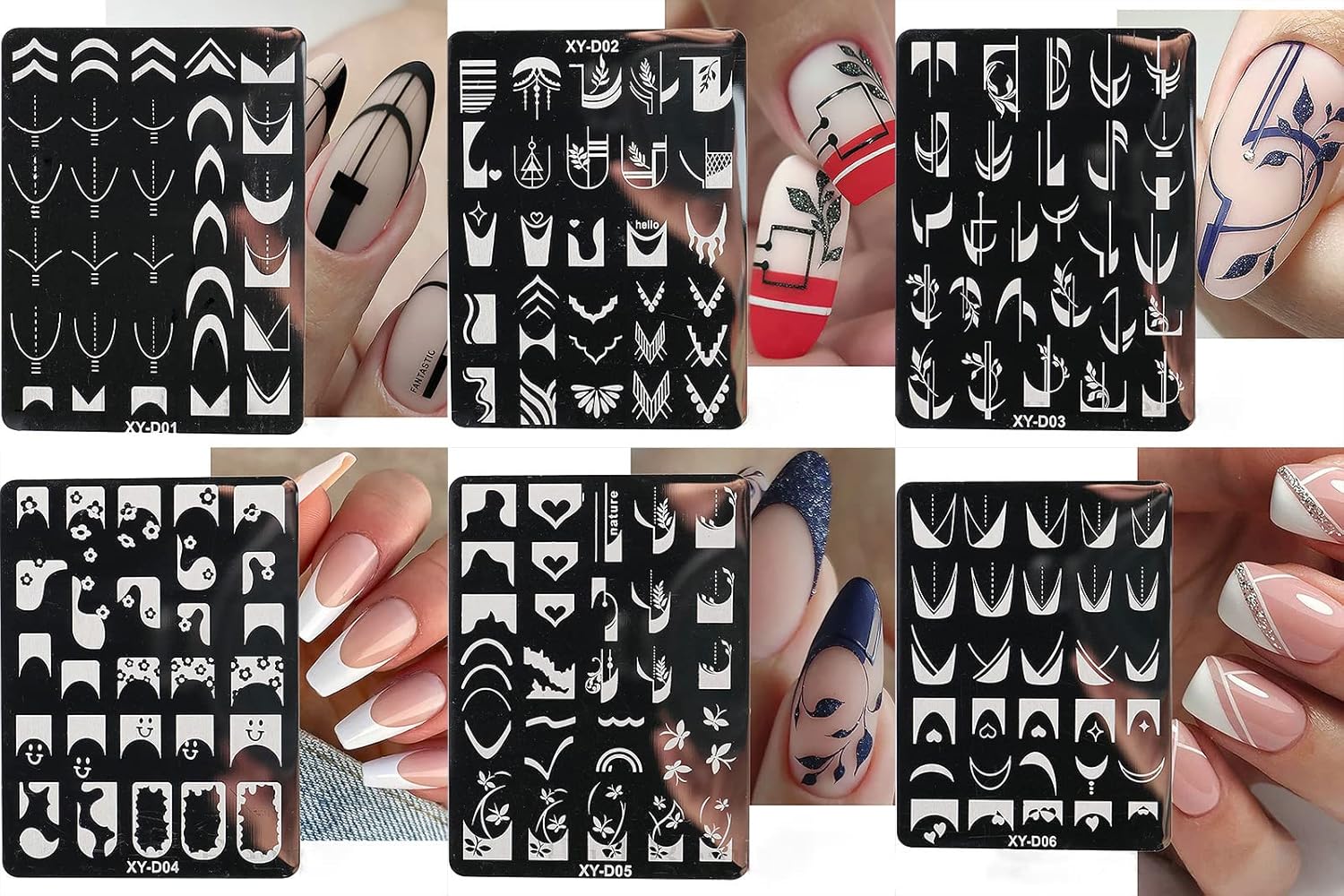 6Pcs Nail Art Stamping Templates Set with French Line Flowers Leaves Smiley Heart Design Art Stamping Kits DIY Printing Tools Fashion Art Decoration for Women and Girls-Velvo Beauty