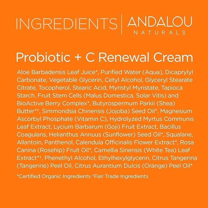 Andalou Naturals Probiotic + C Renewal Cream, Probiotic Plus C, Complexion Enhancing Face Moisturizer, Helps Promote Firmer Skin & More Even Skin Tone, Lightweight Hydrating Facial Moisturizer, 1.7 Oz-Velvo Beauty