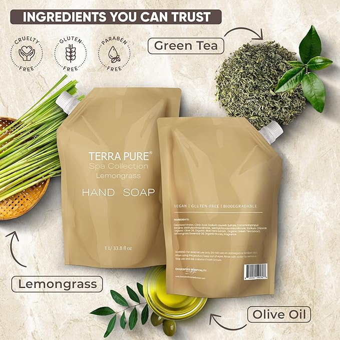 Terra Pure Spa Collection 1 Liter Hand Wash Refill Bag For Soap Dispensers | Bulk Toiletries for Vacation Rentals, and Home Bathroom Showers | Green Tea Lemongrass | Single-Velvo Beauty