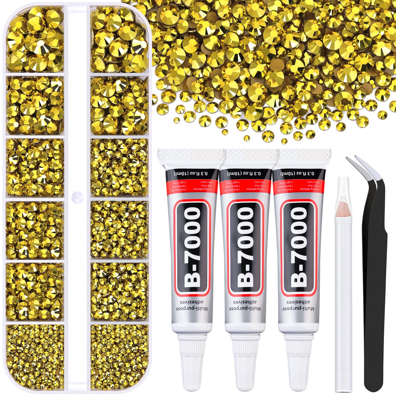 Resin Rhinestones for Crafting with B7000 Jewelry Glue, 1 Box Bright Gold Flatback Crystals with 3Pcs 10ml Glue for Bedazzling Crafts DIY Nail Art Makeup，Non Hotfix Gems for Clothing Shoes-Velvo Beauty