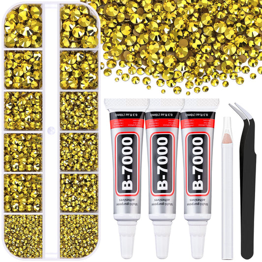 Resin Rhinestones for Crafting with B7000 Jewelry Glue, 1 Box Bright Gold Flatback Crystals with 3Pcs 10ml Glue for Bedazzling Crafts DIY Nail Art Makeup，Non Hotfix Gems for Clothing Shoes-Velvo Beauty