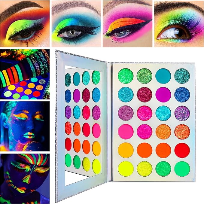 DE'LANCI Neon Eyeshadow Palette Glow in the Dark, Aurora Glow Eyeshadow Pallets Stage, Halloween Christmas Makeup Kit UV Blacklight Matte and Glitter Fluorescent Eye Shadows Highly Pigment-Velvo Beauty