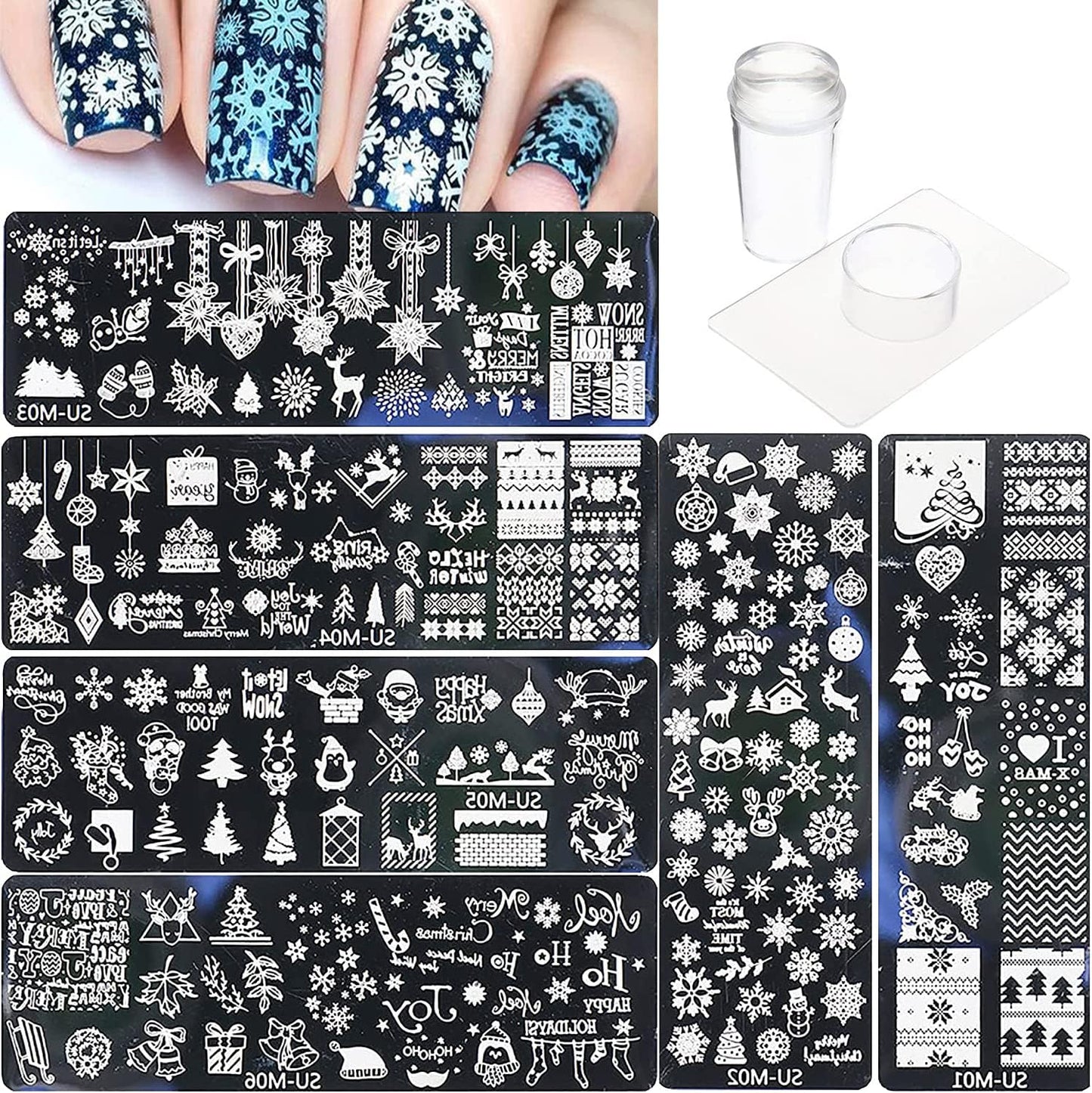 6Pcs Christmas Nail Stamp Template Kit 1 Silicone Stamper 1 Scraper Winter Snowflakes Nail Art Stamping Plates Xmas Snow Deer Bells Pine Tree Nail Stamping Image Stamp for Women Nail Art Supplies-Velvo Beauty