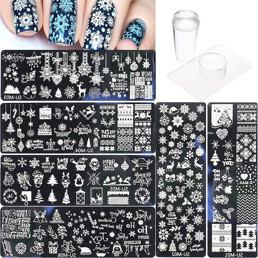 6Pcs Christmas Nail Stamp Template Kit 1 Silicone Stamper 1 Scraper Winter Snowflakes Nail Art Stamping Plates Xmas Snow Deer Bells Pine Tree Nail Stamping Image Stamp for Women Nail Art Supplies-Velvo Beauty
