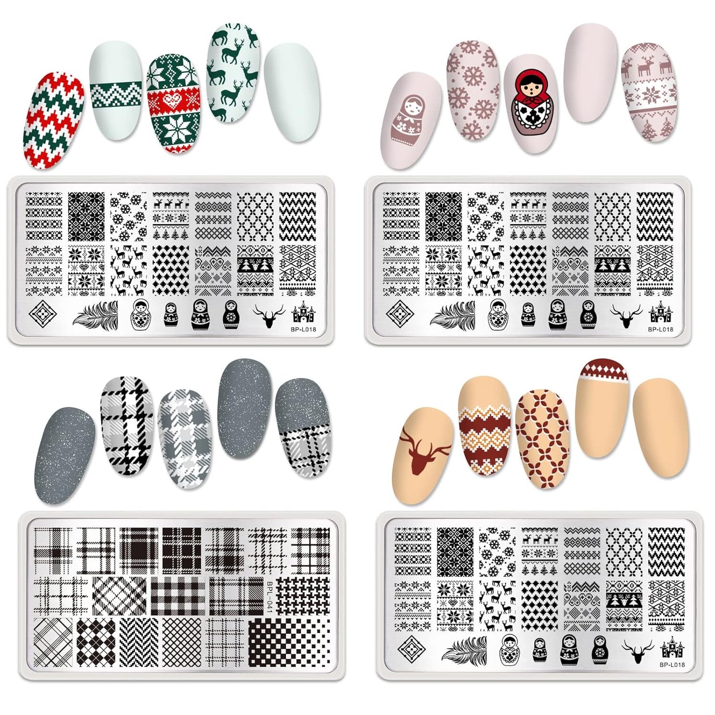 Born Pretty Nail Stamping Plates Set Plaid Flowers Leaves Lace Nail Art Image Plates Spring into Winter Stamp Templates Kit Image Manicuring DIY Printing Tools 8PCS-Velvo Beauty