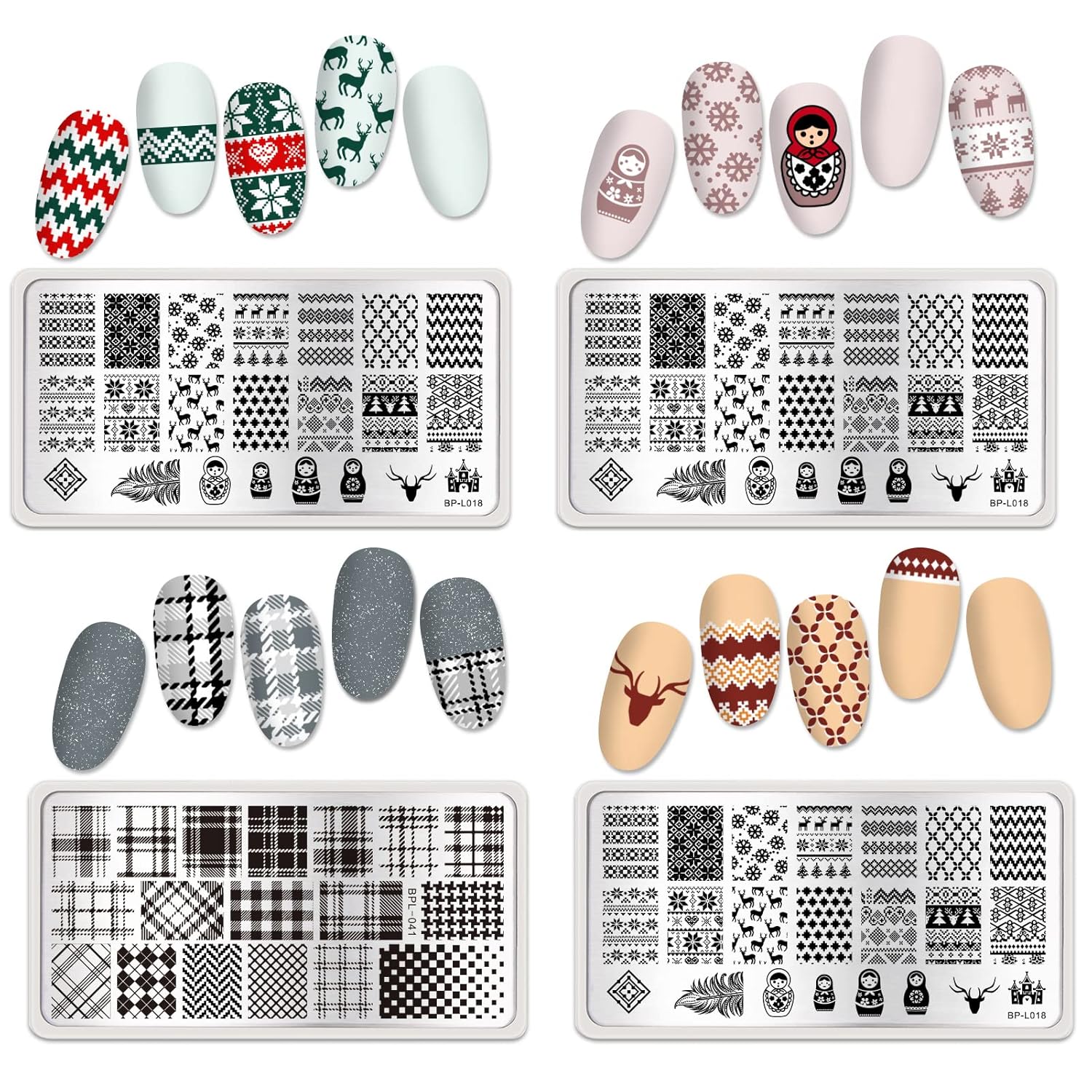 Born Pretty Nail Stamping Plates Set Plaid Flowers Leaves Lace Nail Art Image Plates Spring into Winter Stamp Templates Kit Image Manicuring DIY Printing Tools 8PCS-Velvo Beauty