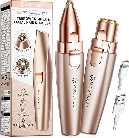 Eyebrow & Facial Trimmer: 2 in1 Rechargeable Facial Hair Removal & Eyebrow Shaver - Body Razor with Built-in LED Light (Rose Gold)-Velvo Beauty