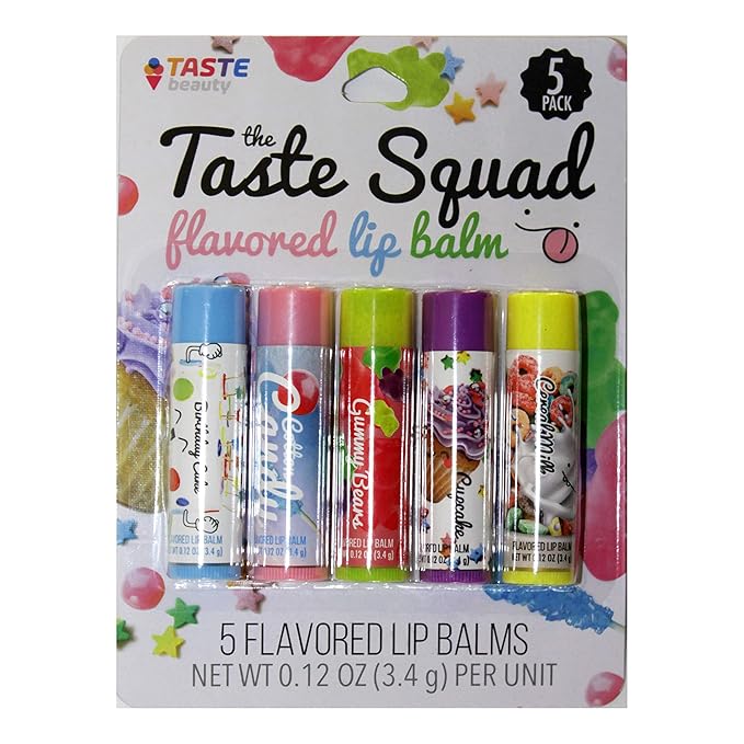 Taste Beauty (1) Pack The Taste Squad Flavored Lip Balm Set - 5 Flavored Lip Balm Tubes per Pack - Birthday Cake, Cotton Candy, Gummy Bears, Cupcake, Cereal Milk - 0.12 oz Each-Velvo Beauty