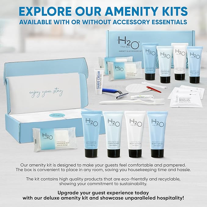 H2O Therapy Amenity & Accessory Kit | 0.85 oz Travel Size Shampoo, Conditioner, Lotion, Body Wash, Massage Bar, Cleansing Bar, Shave & Dental Sets, Make-Up Remover Wipes, & Vanity Kit | 15 sets/case-Velvo Beauty