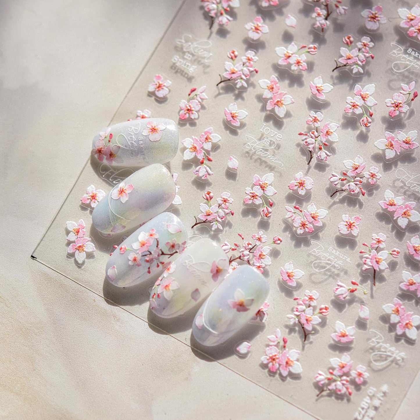 Cherry Blossoms Nail Art Stickers Pink White Flowers Nail Decals for Acrylic Nails 5D Embossed Self-Adhesive Flower Designs Nail Sticker Spring Summer Cute Floral Nail Decal for Women DIY Nail Decor-Velvo Beauty