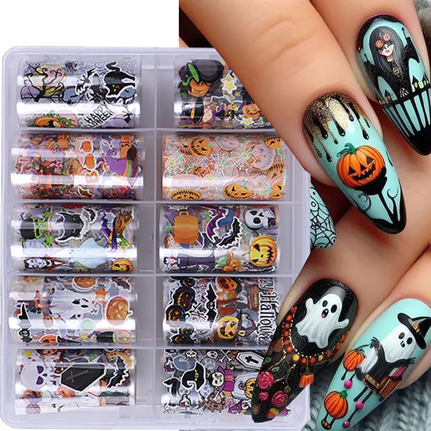 Halloween Nail Foils Transfer Nail Art Pumpkins Foils Nail Art Supplies 10PCS Halloween Ghost Black Cat Bat Spooky Nail Foil Transfer Stickers Starry Sky Paper Manicure Accessories for Women Girls-Velvo Beauty