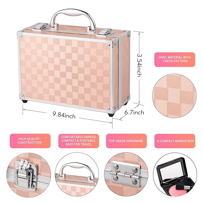 Hot Sugar Makeup Kit for Teenager Girls - Full Starter Cosmetics Set with Eye Shadow Lip Balm Blush Lip Gloss Brush Lip Pencil Eye Pencil and Mirror (Gold Check)-Velvo Beauty