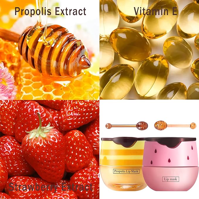 4PCS Bee Lip Balm Lip Mask Honey Pot,Honey & Strawberry Lip Mask Propolis Moisturizing Lip Balm with Stick - Hydrating Prevention Dry & Cracked Lip Scrubs Exfoliato Lip Wrinkle Care(Honey&Strawberry)-Velvo Beauty