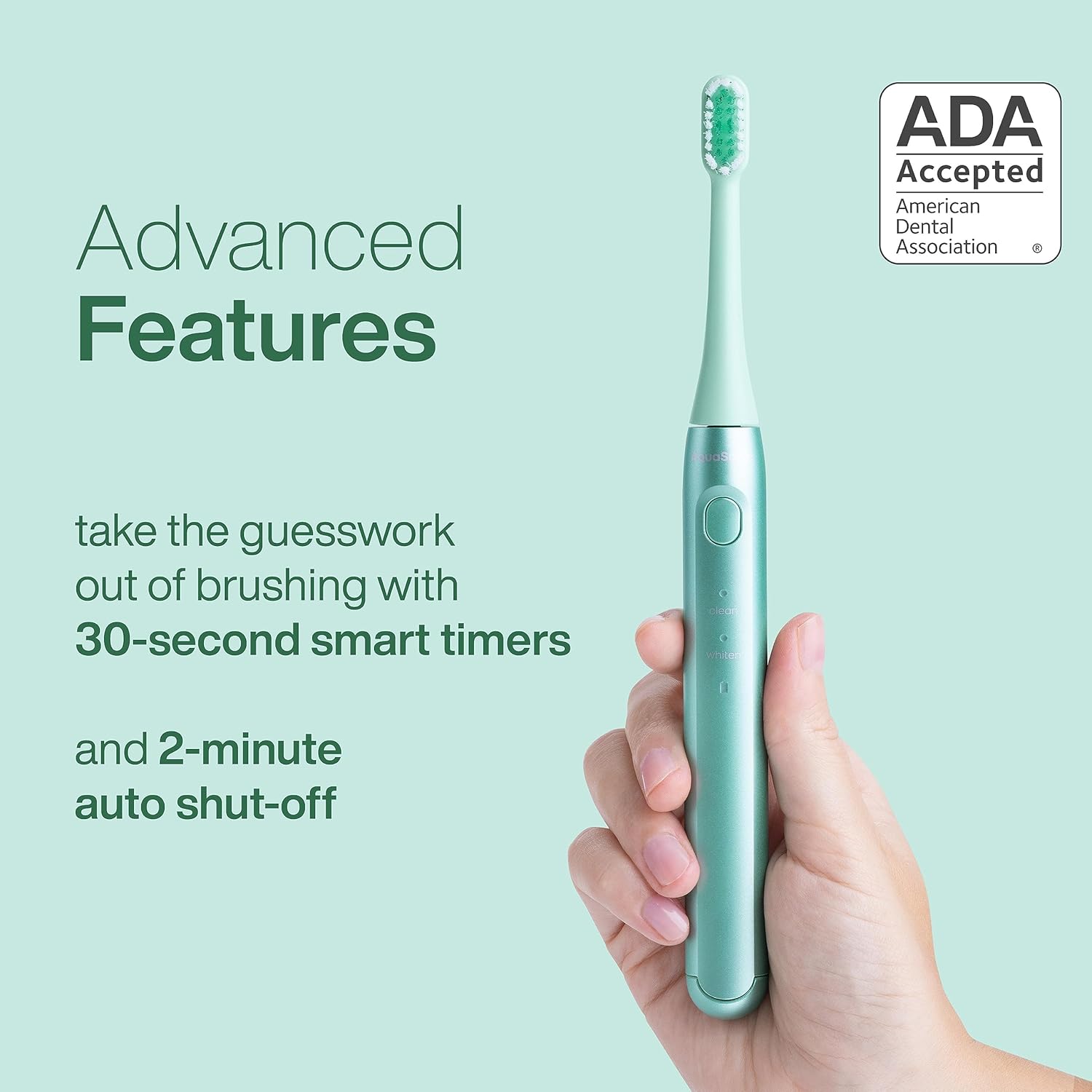 Aquasonic Icon ADA-Accepted Rechargeable Toothbrush | Magnetic Holder & Slim Travel Case | 2 Brushing Modes & Smart Timers | Gentle Micro-Vibrations (Mint)-Velvo Beauty
