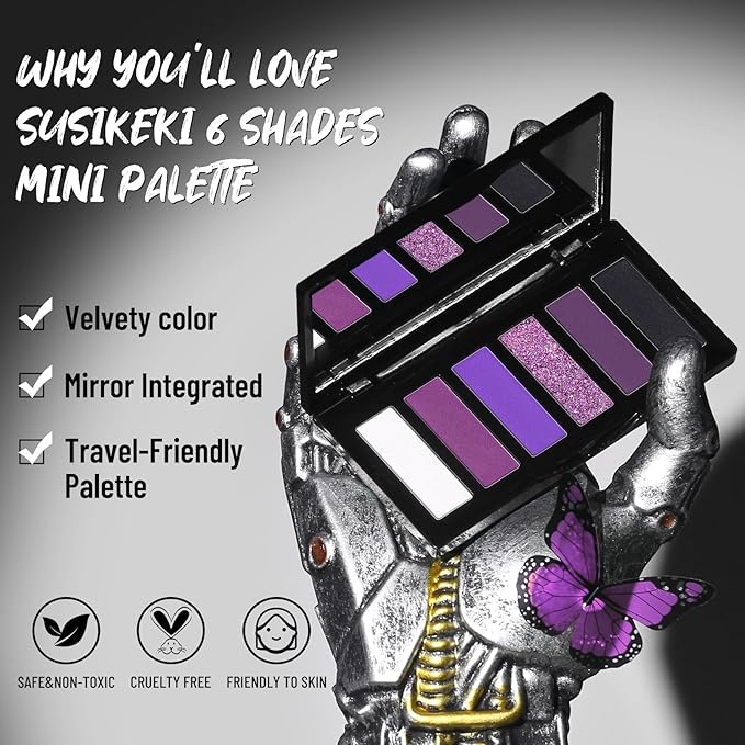 Purple Eyeshadow Palette with Mirror Lilac Violet Plum Tones Matte Shimmer Glitter 6 Colors Mini Eye Shadow Pallet Travel Size Highly Pigmented for Fairy Witch Goth Halloween Costume Makeup-Velvo Beauty