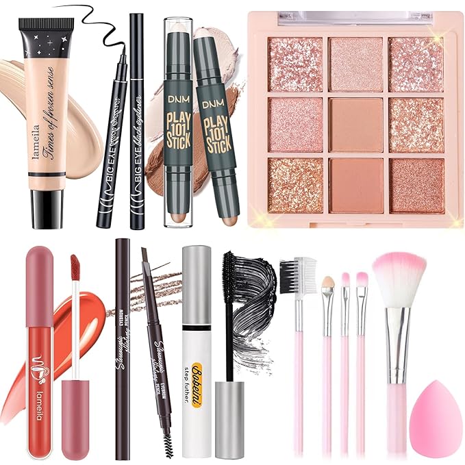 Makeup Set Kit for Women Girls Teens, Makeup Present Set, Includes 9 Color Eyeshadow, Counter Stick, Foundation, Eyebrow Pencil, Eyeliner, Mascara, Lip Gloss, 5Pcs Brushes, Sponge-Velvo Beauty