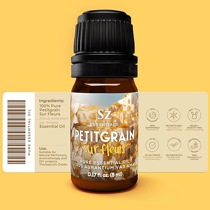 Petitgrain Sur Fleurs Essential Oil - 100% Pure and Undiluted - Extracted from Neroli-Bitter Orange Tree - Citrusy & Woody Scent with Fresh Neroli Floral Overtones - Therapeutic Grade-Velvo Beauty