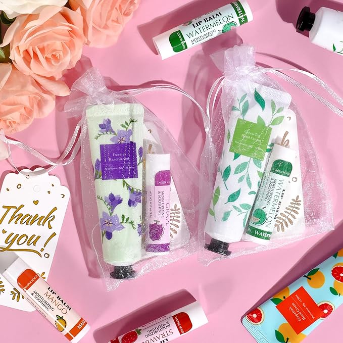 AZEN 100 Sets Hand Cream Bulk and Lip Balm Bulk Set, Bridal Shower Gifts for Guests with Organza Bag Thank You Card, Thank You Gifts for Coworkers Women Men, Bridal Wedding Favors for Guests-Velvo Beauty