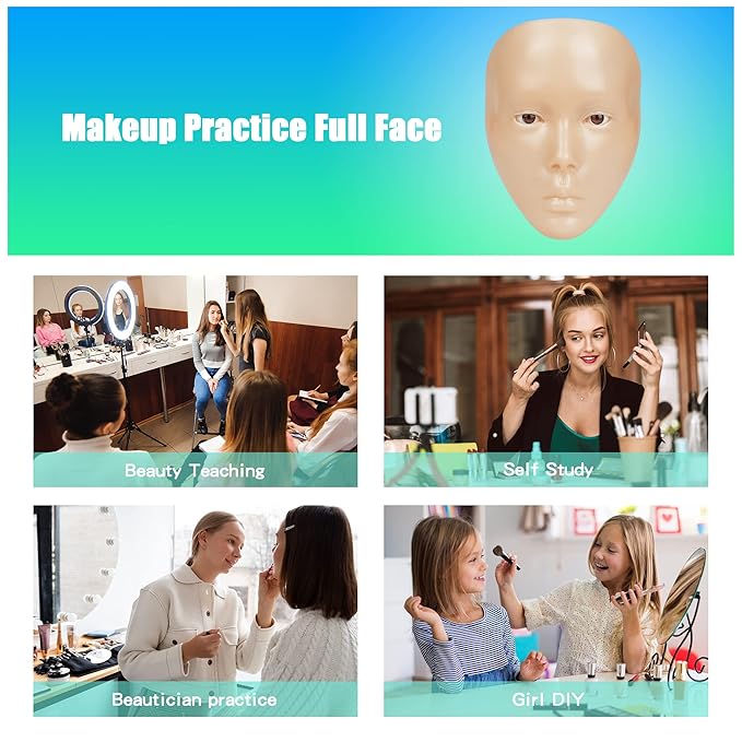 Makeup Practice Mannequin Face, 5d Reusable Silicone Makeup Practice Board Full Face with Makeup Brushes Sponge Set and Eyeshadow Board Makeup Kit for Emerging Makeup Artist, Girl's Gift-Velvo Beauty
