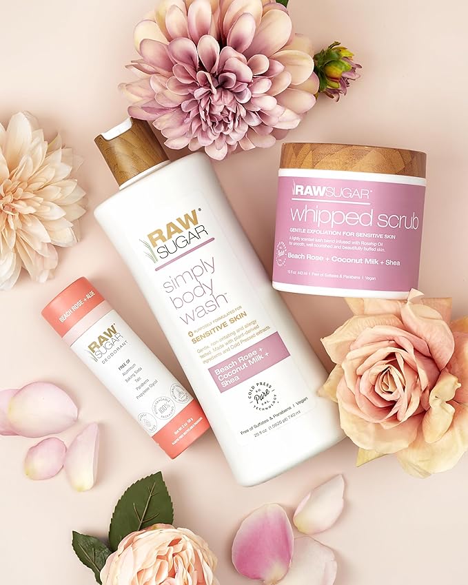 Raw Sugar Beach Rose + Coconut Milk + Shea Body Love Bundle - Sensitive Skin Body Wash, Body Scrub & Deodorant, Clean Ingredients, Formulated without Sulfates and Parabens-Velvo Beauty