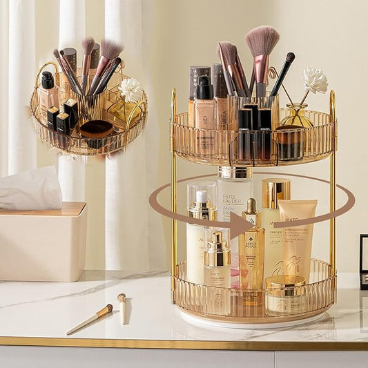 Rotating Makeup Organizer for Vanity, High-Capacity Skincare Clear Make Up Storage Perfume Organizers Cosmetic Dresser Organizer Countertop 360 Spinning (Gold, New-2 Tier)-Velvo Beauty
