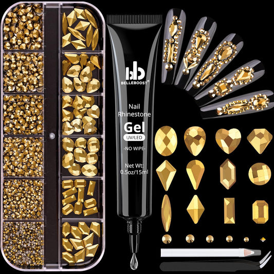 2060Pcs Mineral Gold Glass Nail Rhinestones 60Pcs Multi Shapes Flatback Nail Gems + 2000Pcs 1.5-4mm Round Crystal with Rhinestones Glue Gel, Manicure Nail Charms Diamond Gemstones for Nail Art-Velvo Beauty