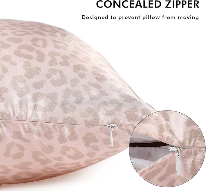2 Pack Satin Pillowcase with Latent Zipper, Adjustable Satin Eye Mask for Sleeping and Satin Volume Scrunchie for Hair and Skin, Standard Size (Pink, Leopard Style)-Velvo Beauty