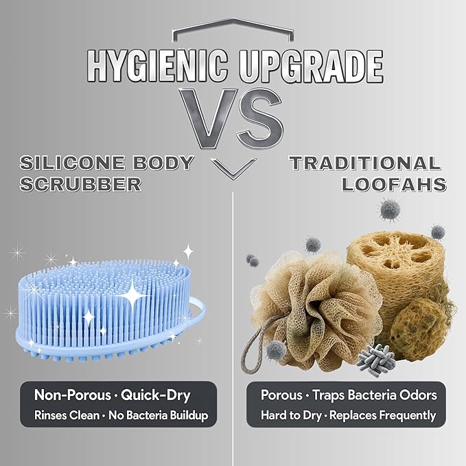 Avilana Silicone Body Scrubber – Gentle Shower Brush & Loofah Alternative- Food Grade & Lab Tested – Fast-Drying, Hygienic, BPA-Free Silicone Body Gentle Exfoliator (Blue, Massage)-Velvo Beauty