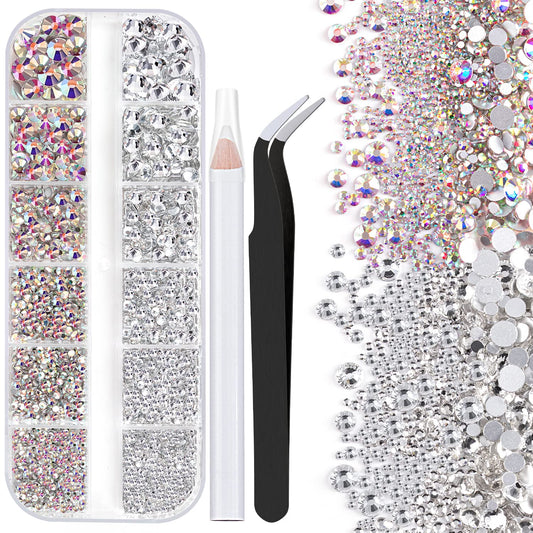 One Pack 2000 Pcs of Flatback Round AB Crystal+Transparent White Clear Rhinestones 6 Sizes (1.5-6 mm) with Nail Art Rhinestone Picker Pencil and Tweezers for DIY and Salon Use-Velvo Beauty