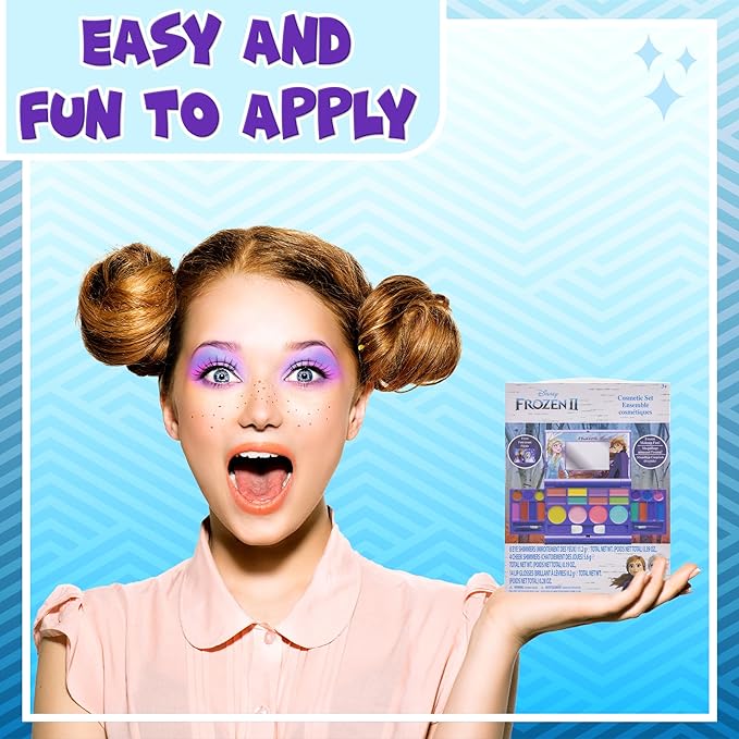 Disney Frozen Elsa Anna Cosmetic Compact Set with Mirror 22 lip glosses, 4 Body Shines, 6 Brushes Colorful Portable Foldable Washable Makeup Beauty Kit Box Set for Girls Kids Toddler-Velvo Beauty