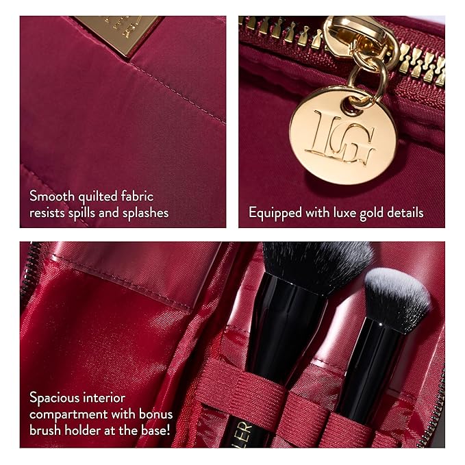 LAURA GELLER NEW YORK Quilted Makeup Bag with Brush Case, Burgundy - Toiletry Bag Organizer for Travel - Large Capacity Full Size Makeup Bag - Easy to Clean-Velvo Beauty