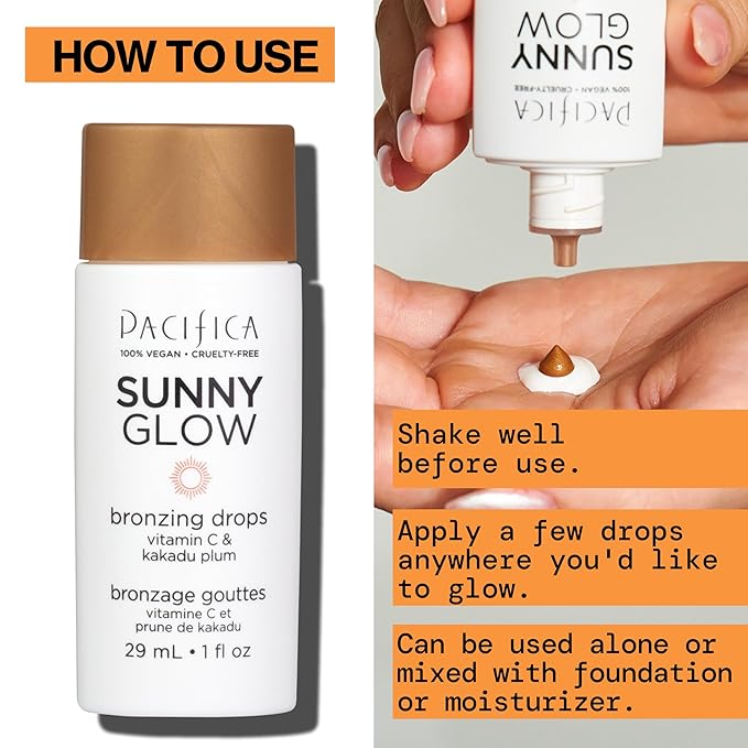 Pacifica Sunny Glow Liquid Face Bronzer Drops - Face Makeup Bronzing For Face & Cheeks for Instant Sun-Kissed Glow - Vitamin C & Glycolic Acid Infused Liquid Bronzer Illuminating Highlighting Clean-Velvo Beauty