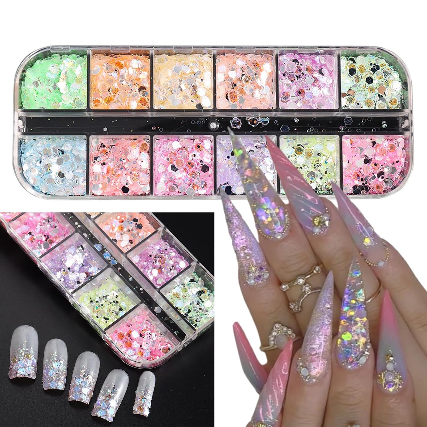 12 Grids Colorful Mermaid Nail Sequin Holographic Nail Art Glitter,Iridescent Nail Art Flake Glitter Decals Glass Paper Design Nail Accessories Acrylic Nails for Women Make Up DIY Nail Decoration-Velvo Beauty