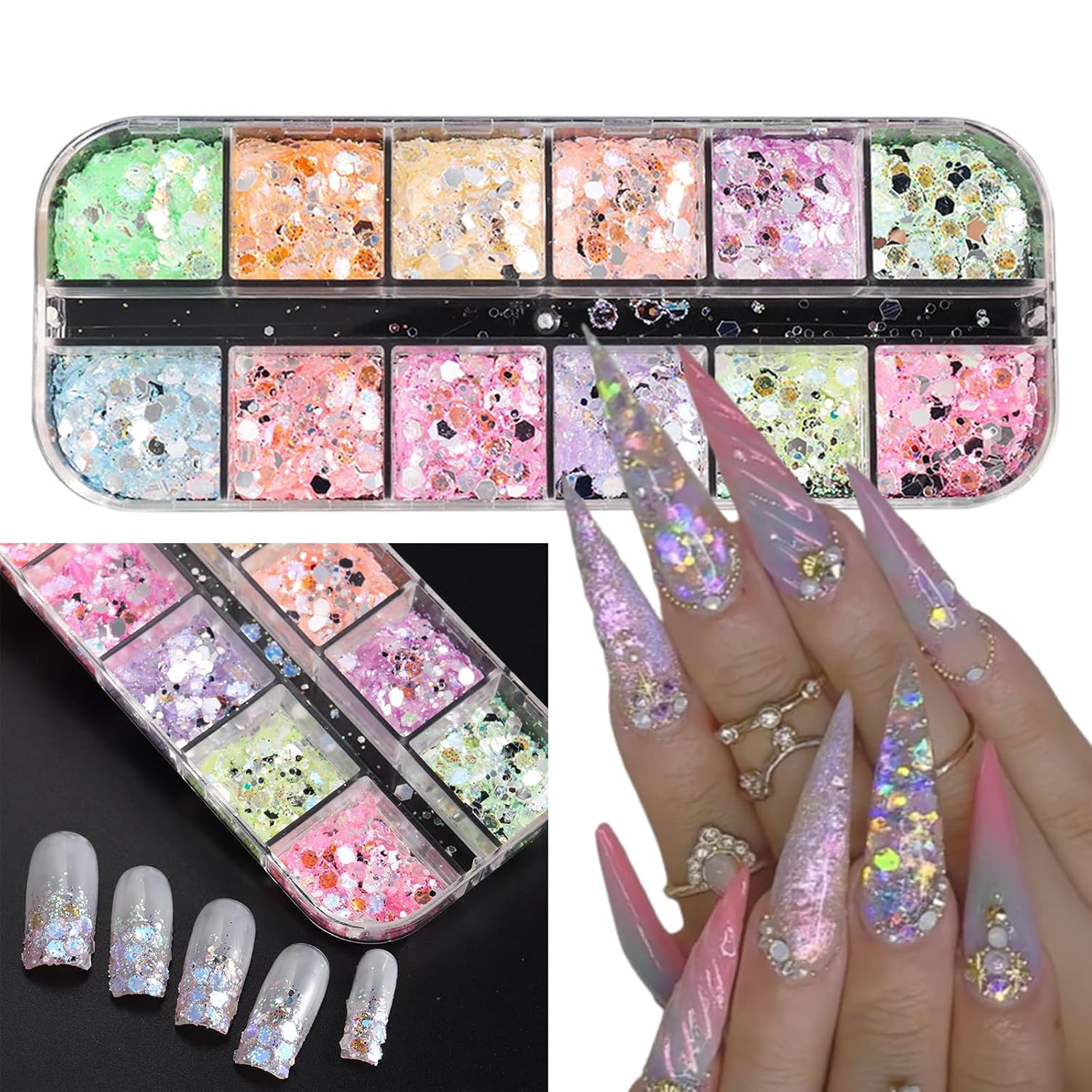 12 Grids Colorful Mermaid Nail Sequin Holographic Nail Art Glitter,Iridescent Nail Art Flake Glitter Decals Glass Paper Design Nail Accessories Acrylic Nails for Women Make Up DIY Nail Decoration-Velvo Beauty