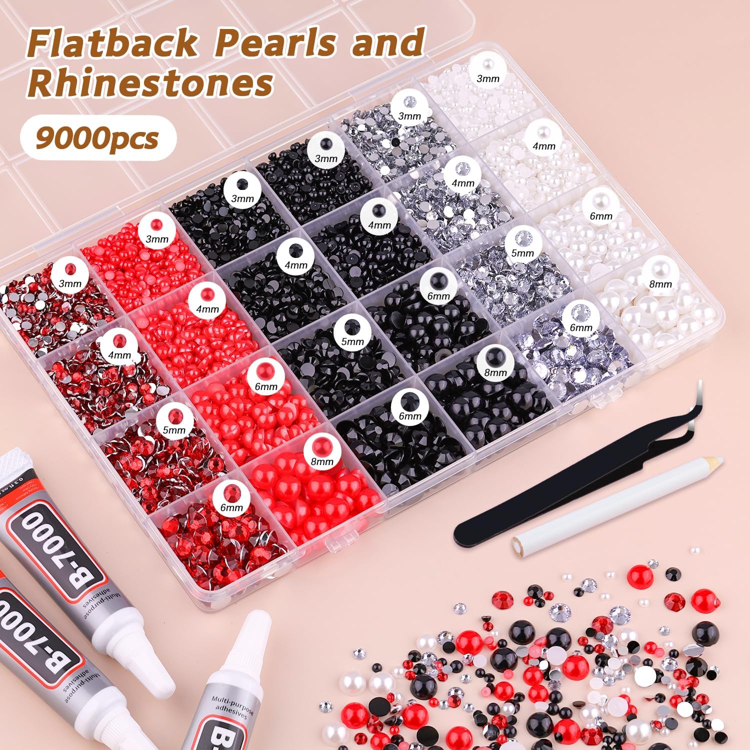 9000PCS Flatback Pearls and Rhinestones for Crafting, Red White Black 3-10mm Resin Rhinestones and Half Pearls for Bedazzling, Nail Art and Dec with 3pcs B7000 Jewelry Glue, Tweezer and Pickup Pencil-Velvo Beauty
