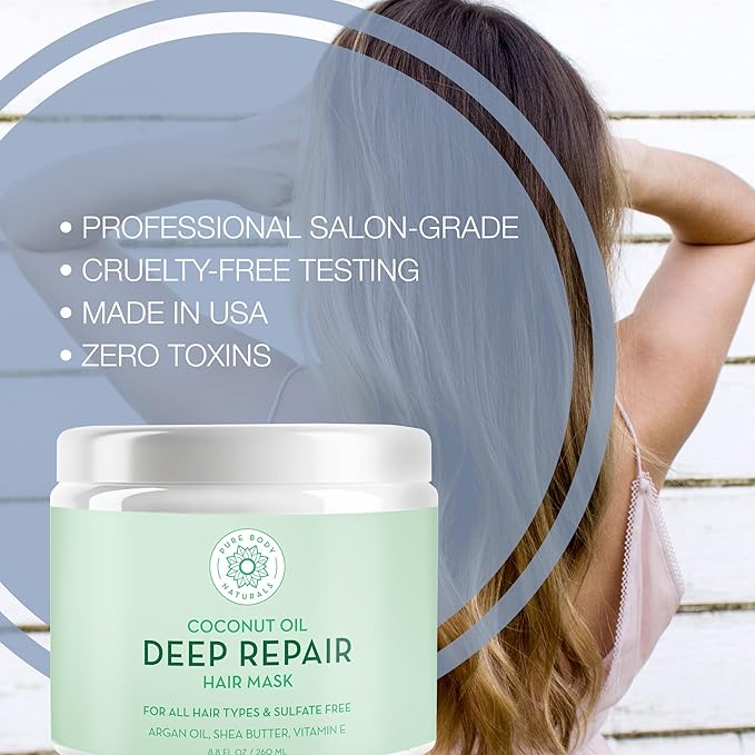 Pure Body Naturals Coconut Oil Hair Mask, Deep Conditioning Hair Treatment for Dry Damaged and Color Treated Hair, Sulfate Free Hair Conditioner, Moisturizes, Repairs, 8.8 Fl Oz-Velvo Beauty