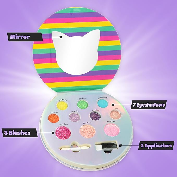 Expressions Perfectly Me Glisten & Glitter Makeup Palette 10 Color Eyeshadow Palette & Blush Makeup Novelty Beauty Set, Fold Out Compact with Mirror, Cute Makeup Kit Gifts - Washable, Non-Toxic-Velvo Beauty