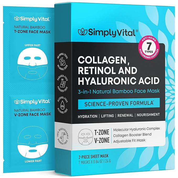 SimplyVital Collagen Facial Mask with Retinol & Hyaluronic Acid - Hydrating Face Masks Skincare - Visibly Firming and Lifting T Line & V Line Sheet Mask for Women - Mascarillas Para la Cara - 7 Pack-Velvo Beauty