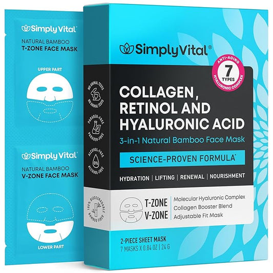 SimplyVital Collagen Facial Mask with Retinol & Hyaluronic Acid - Hydrating Face Masks Skincare - Visibly Firming and Lifting T Line & V Line Sheet Mask for Women - Mascarillas Para la Cara - 7 Pack-Velvo Beauty