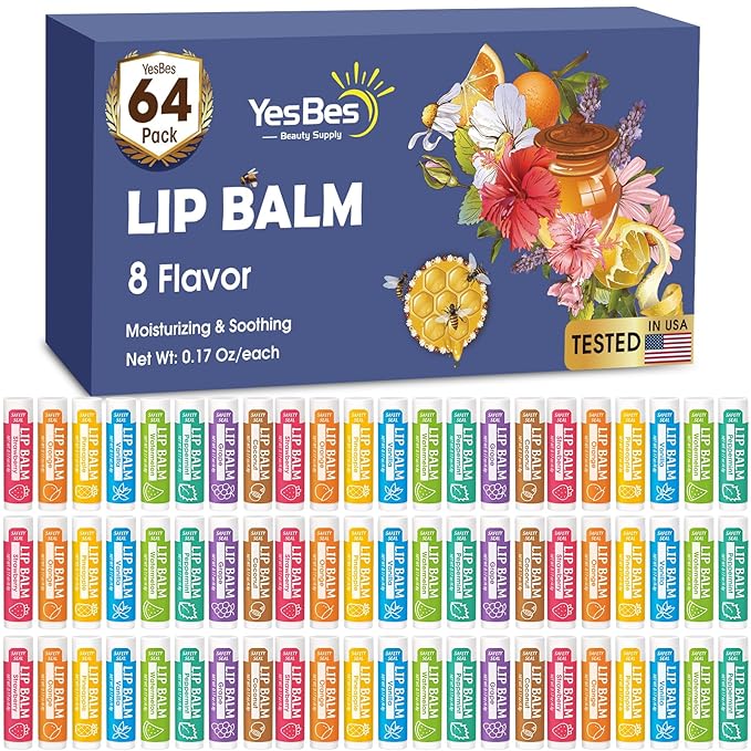 64 Pack Lip Balm, Natural Lip Balm Bulk with Vitamin E and Coconut Oil, Moisturizing Lip Balm for Dry Cracked Lips, Lip Balm for Stocking Stuffers - 8 Flavors-Velvo Beauty
