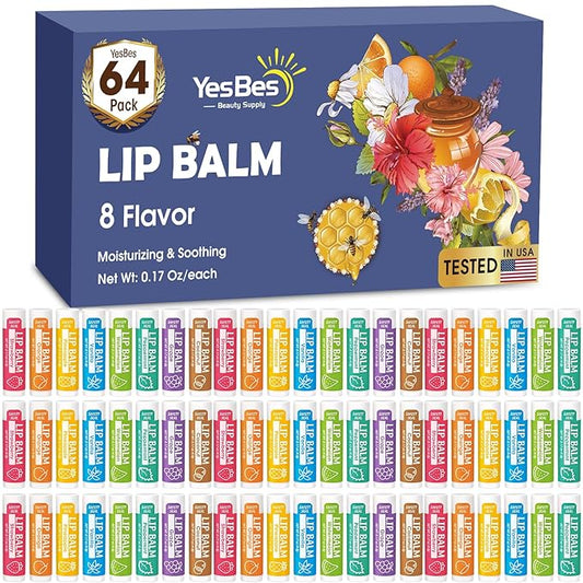 64 Pack Lip Balm, Natural Lip Balm Bulk with Vitamin E and Coconut Oil, Moisturizing Lip Balm for Dry Cracked Lips, Lip Balm for Stocking Stuffers - 8 Flavors-Velvo Beauty
