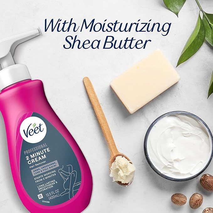 VEET Professional 2 Minute Hair Removal Cream For All Skin Types with Shea Butter | Effective Full Bikini Hair Removal, Pubic Hair Removal Gel | Dermatologically Tested | 13.5 FL OZ Bottle w/Spatula-Velvo Beauty