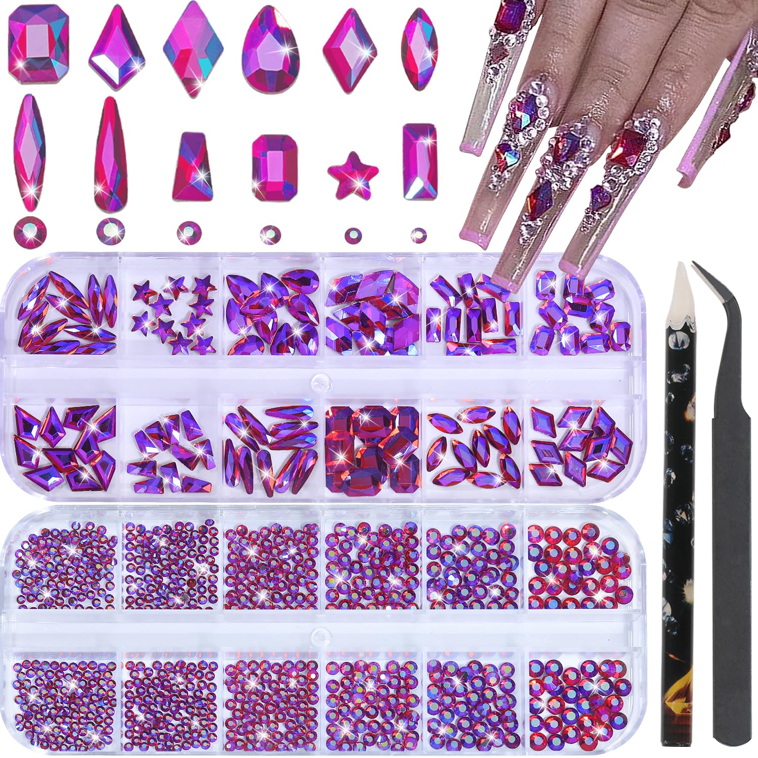 HNUIX Nail Rhinestones - 3D Multi Shape Size, Crystal AB Red Nail Gems, Flat Back, with Kit, for Nail Art, DIY Decorations-Velvo Beauty