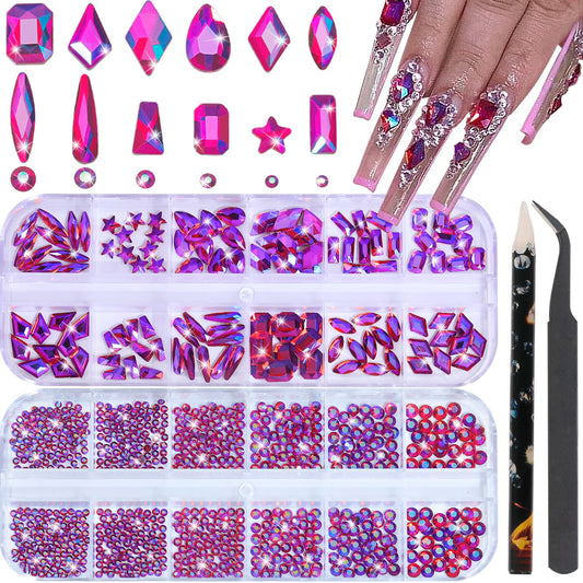 HNUIX Nail Rhinestones - 3D Multi Shape Size, Crystal AB Red Nail Gems, Flat Back, with Kit, for Nail Art, DIY Decorations-Velvo Beauty