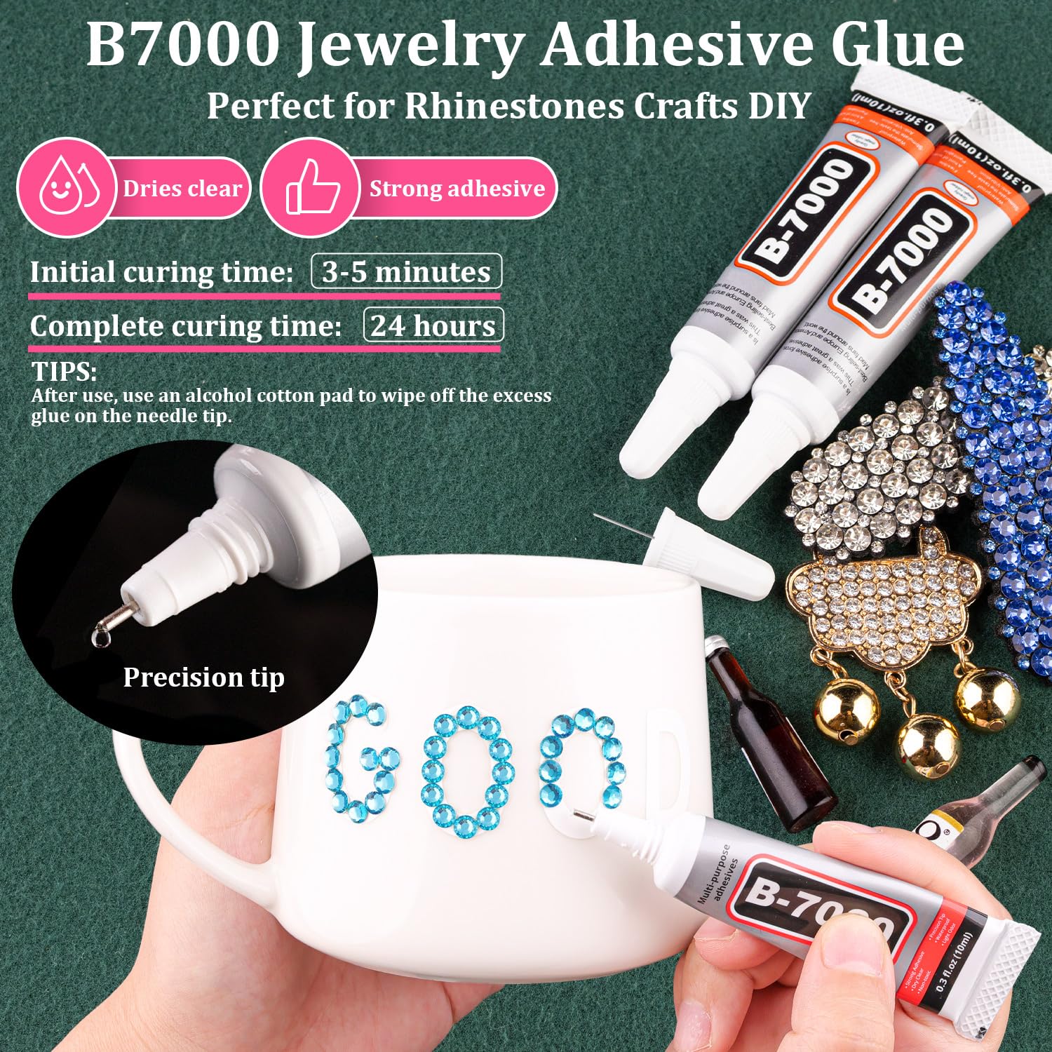 Resin Rhinestones for Crafting with B7000 Jewelry Glue, 2 Boxes Indicolite Flatback Crystals with 3Pcs 10ml Glue for Bedazzling Crafts DIY Nail Art Makeup，Non Hotfix Gems for Clothing Shoes-Velvo Beauty