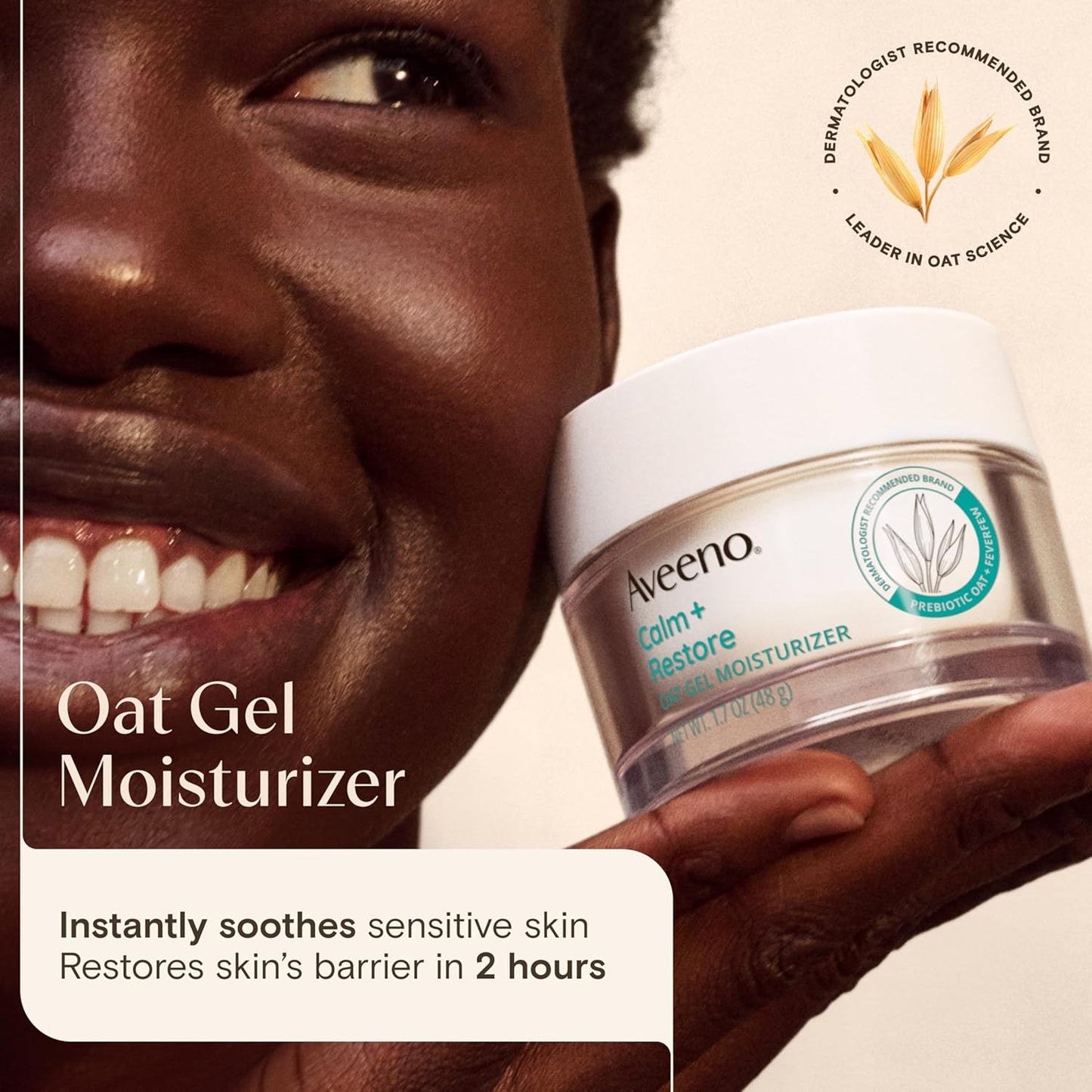 Aveeno Calm + Restore Oat Gel Facial Moisturizer for Sensitive Skin, Fast-Absorbing, Soothing Lightweight Gel Cream with Prebiotic Oat & Feverfew, Fragrance-Free & Hypoallergenic, 1.7 oz-Velvo Beauty