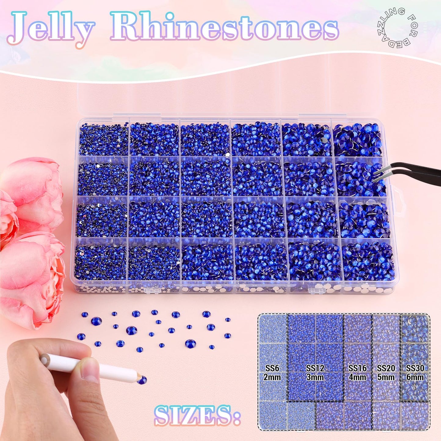 25000Pcs Resin Rhinestones with Tweezers for Crafting, 2-6mm Mixed Sizes (Royal Blue) Non Hotfix Flatback Gems, Bedazzling Crystal for DIY Crafts Clothing Tumblers Mugs Shoes Decor Nail Art-Velvo Beauty