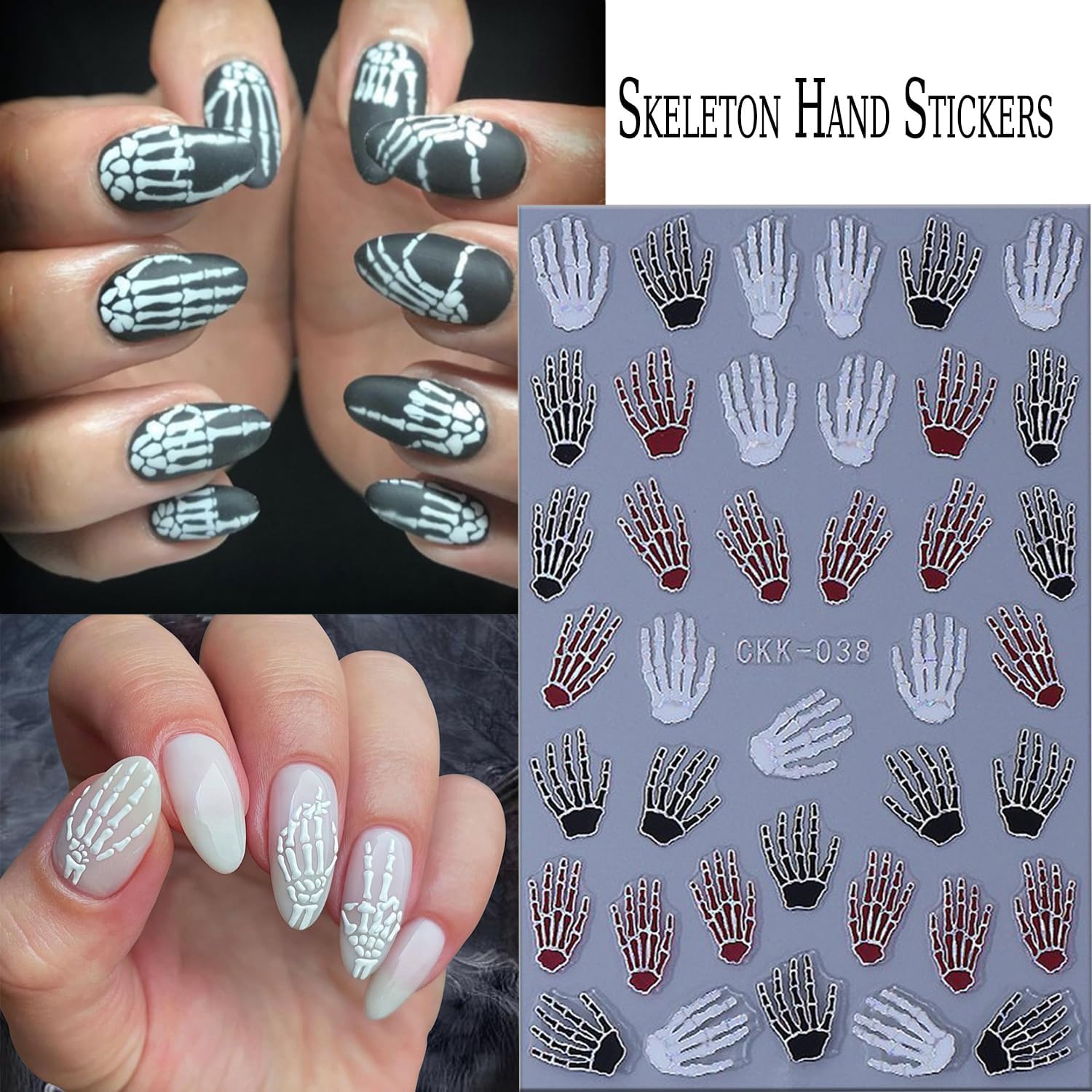 6 Sheets Halloween Nail Art Stickers 3D Self -Adhesive Bloods Hand Skeleton Nail Decals Holographic Blood Knives Nail Stickers Halloween Nail Decoration for Women Manicure Supplies-Velvo Beauty
